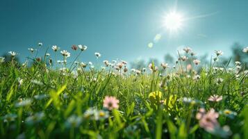 AI generated Sun Shining Through Clouds Over Grass Field photo