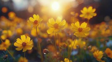 AI generated Field of Yellow Flowers With Sun Background photo