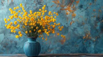 AI generated Table With Blue Vases of Yellow Flowers photo