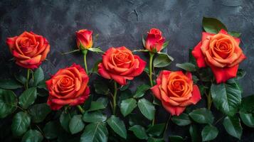 ai generado grupo de rojo rosas con verde hojas foto