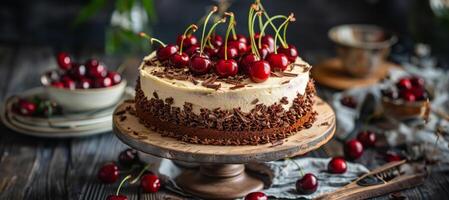 AI generated Cherry-Topped Cake on Wooden Table photo