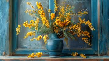 AI generated Table With Blue Vases of Yellow Flowers photo