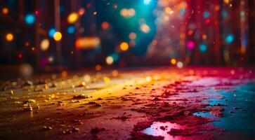 ai generado lluvia gotas en el asfalto en el ciudad. resumen bokeh antecedentes foto