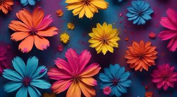 AI generated Colorful flowers on blue background. Flat lay, top view. photo