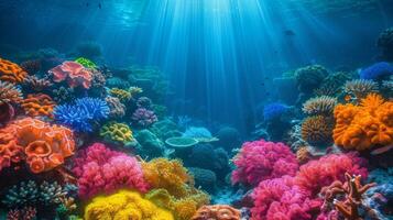 ai generado submarino ver de coral arrecife con rayos de sol foto