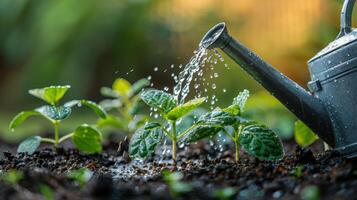 ai generado riego manguera torrencial agua en planta foto