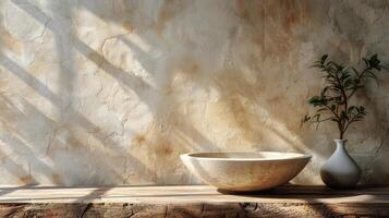 AI generated White Bowl on Wooden Counter photo