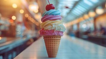 AI generated Delicious Ice Cream Cone With Cherry on Top photo