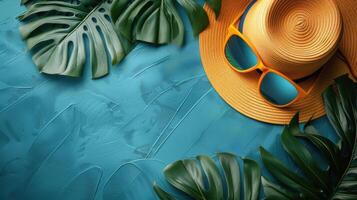 ai generado elegante sombrero, Gafas de sol, y palma hojas en azul antecedentes foto