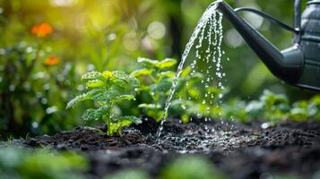 ai generado riego manguera aspersión agua en un planta foto