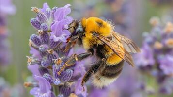 ai generado abeja polinizando en púrpura flor foto