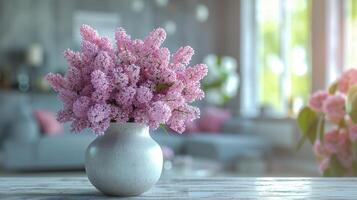 ai generado blanco florero con rosado flores en mesa foto