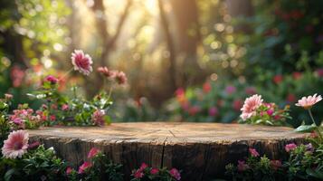 ai generado árbol tocón rodeado por flores y arboles foto