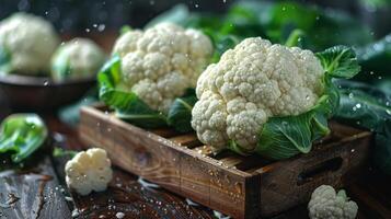 AI generated Fresh Cauliflower in Wooden Crate photo