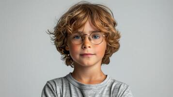 ai generado joven chico en lentes y gris camisa foto