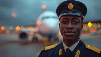 ai generado hombre en uniforme en pie en frente de avión foto