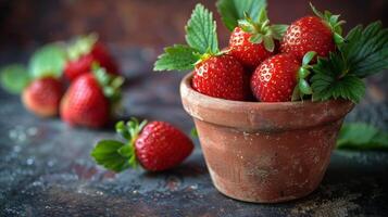 AI generated Clay Pot With Fresh Strawberries on Table photo