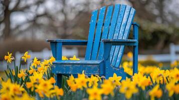 AI generated Blue Chair in Yellow Flower Field photo