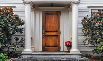 AI generated The main entrance door of the house features a charming wooden front door with a gabled porch and landing. photo