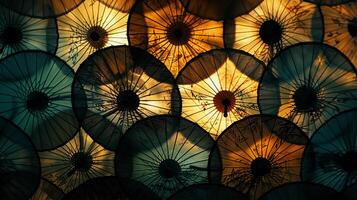 AI generated Silhouetted Canopy of Japanese Umbrellas photo