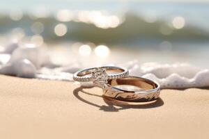 AI generated Wedding rings exchanged during a beach ceremony. Generative AI photo