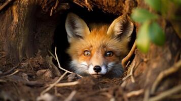 AI generated Curious fox peeks out of a hole in the ground. Generative AI photo