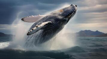 ai generado un jorobado ballena saltando fuera de el agua. generativo ai foto