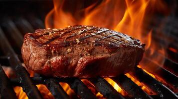 AI generated A close-up shot of a sizzling steak on a grill. Generative AI photo