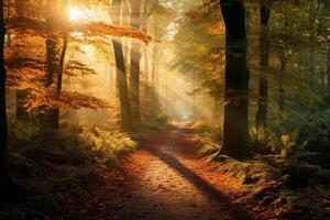 ai generado otoño hojas en un bosque camino con moteado luz de sol. generativo ai foto