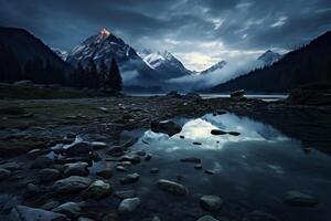 ai generado el sereno quietud de un montaña lago a crepúsculo. generativo ai foto