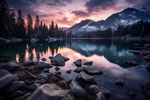 ai generado el sereno quietud de un montaña lago a oscuridad. generativo ai foto