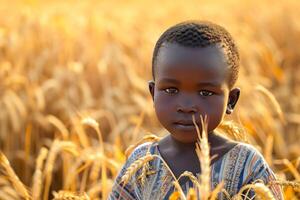 ai generado floreciente africano niño trigo campo. generar ai foto