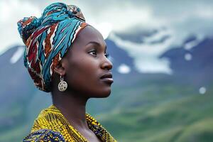 ai generado aventurero africano mujer en Alaska. generar ai foto