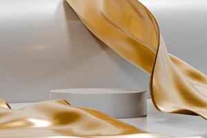 White podium scene with golden fabric folds photo