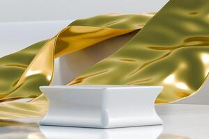 White podium scene with golden fabric folds photo