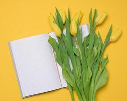 Open notebook with white blank sheets and a bouquet of yellow tulips on a yellow background photo