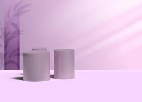Round podiums for displaying cosmetics and products on a purple background with shadow, 3D rendering illustration photo