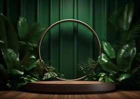 AI generated Cosmetics product advertising stand. Exhibition wooden podium on green background with leaves and shadows. Empty pedestal to display product packaging  photo-realistic photo