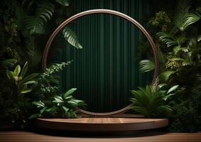 AI generated Cosmetics product advertising stand. Exhibition wooden podium on green background with leaves and shadows. Empty pedestal to display product packaging  photo-realistic photo