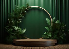 AI generated Cosmetics product advertising stand. Exhibition wooden podium on green background with leaves and shadows. Empty pedestal to display product packaging  photo-realistic photo