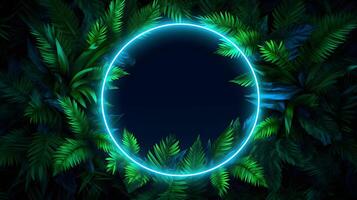 AI generated Green and Blue Neon Light with Tropical Leaves,Tropical leaf in neon colors photo