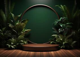 AI generated product advertising stand Exhibition wooden podium on green background with leaves and shadows Empty pedestal to display product packaging photo-realistic, realistic photo