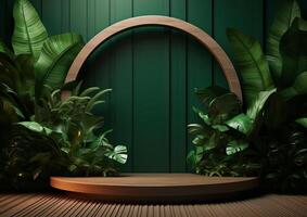 AI generated Cosmetics product advertising stand. Exhibition wooden podium on green background with leaves and shadows. Empty pedestal to display product packaging photo-realistic, realistic photo