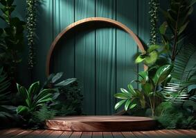 AI generated Cosmetics product advertising stand. Exhibition wooden podium on green background with leaves and shadows. Empty pedestal to display product packaging  photo-realistic photo