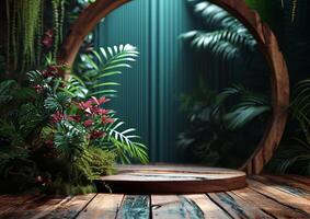 AI generated product advertising stand Exhibition wooden podium on green background with leaves and shadows Empty pedestal to display product packaging photo-realistic, realistic photo