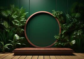 AI generated Cosmetics product advertising stand. Exhibition wooden podium on green background with leaves and shadows. Empty pedestal to display product packaging  photo-realistic photo