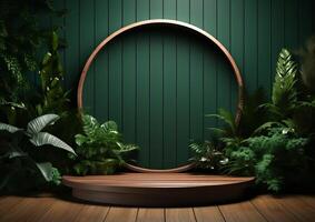 AI generated Cosmetics product advertising stand. Exhibition wooden podium on green background with leaves and shadows. Empty pedestal to display product packaging  photo-realistic photo