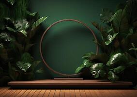 AI generated Cosmetics product advertising stand. Exhibition wooden podium on green background with leaves and shadows. Empty pedestal to display product packaging  photo-realistic photo
