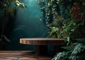 AI generated product advertising stand Exhibition wooden podium on green background with leaves and shadows Empty pedestal to display product packaging photo-realistic, realistic photo