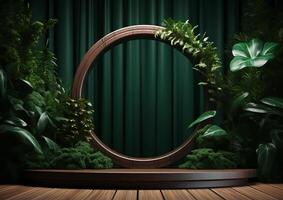 AI generated Cosmetics product advertising stand. Exhibition wooden podium on green background with leaves and shadows. Empty pedestal to display product packaging  photo-realistic photo